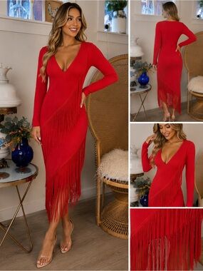 ❤️ Fashion Nova Red Fringe Midi Dress | Medium